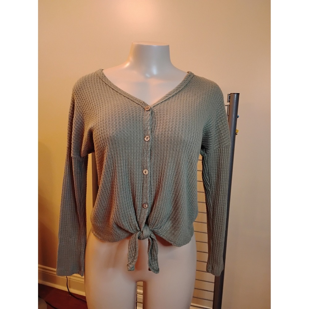 Lovemarks Waffle Knit Tie Front Button Down Top Olive Green XS TM41281A